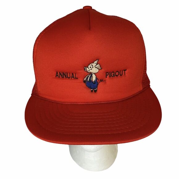 Vtg Annual Pigout Trucker Hat Red Snap Back Gold Medal BBQ Block Party Tailgate - Picture 2 of 12